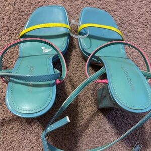 Marc Fisher Teal Sandals with Pink and Yellow Straps